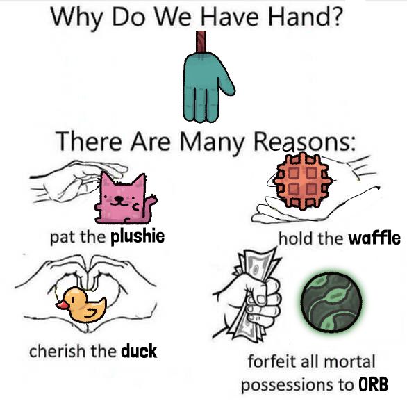 "Why do we have hands?" meme but it's related to Untitled Hand Game, where you play as a hand.
The meme reads: Why do we have hand? There are many reasons. Pat the plushie. Hold the waffle. Cherish the duck. Forfeit all mortal possessions to ORB.