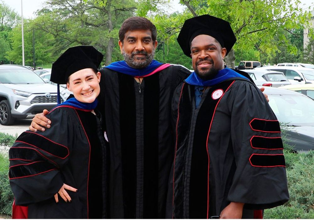 Haley Brown (left), Justin Kumar (centre) and second author Claude Jean-Guillaume (right)