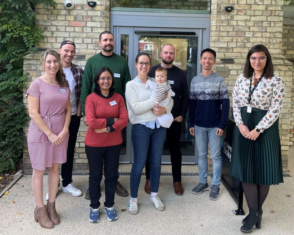 The 2023 PI fellows outside The Company of Biologists' office in Histon, Cambridge, UK. From left to right: Leah Greenspan, Loic Fort, Priti Agarwal (front), Thomas Juan (back), Clotilde Cadart, James Gahan, Yuchuan Miao and Polina Kameneva. Originally posted on the Node (https://thenode.biologists.com/sharing-is-caring-developments-pathway-to-independence-programme/news/).