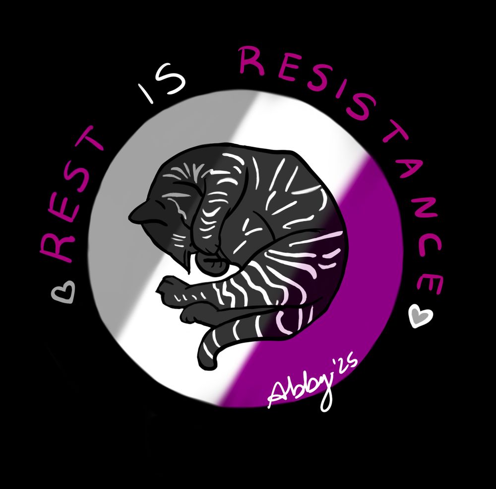 Asexual flag colors under a black kitty with see-through stripes. Text around the black circle says Rest Is Resistance and it's signed Abby 25