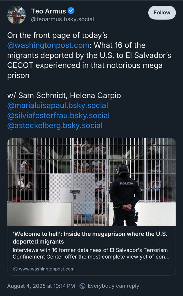 'Welcome to hell': Inside the megaprison where the U.S. deported migrants
Interviews with 16 former detainees of El Salvador's Terrorism Confinement Center offer the most complete view yet of con...
- www.washingtonpost.com
August 4, 2025 at 10:14 PM
C Everybody can reply