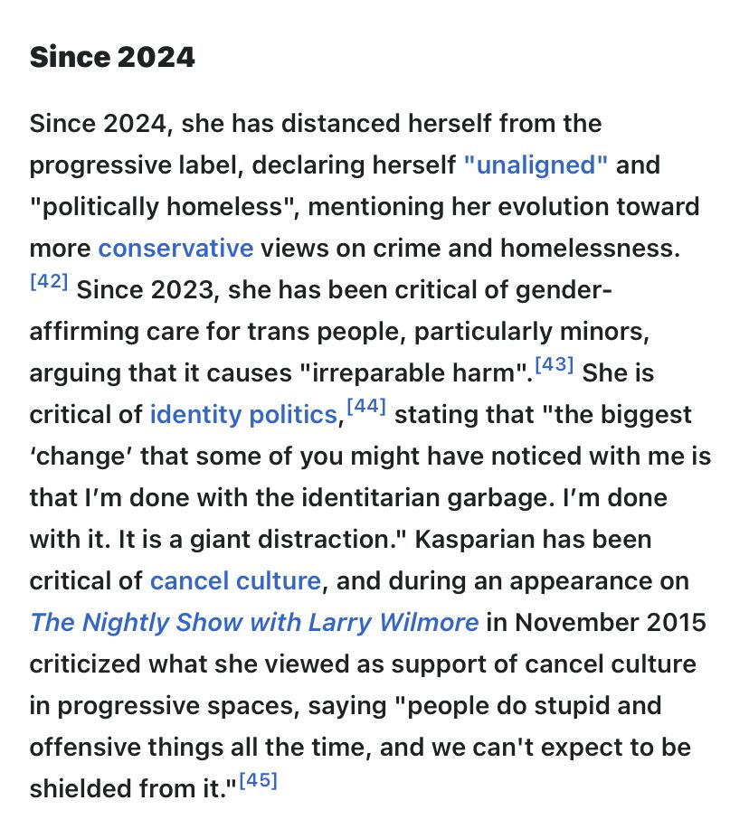 Since 2024 Since 2024, she has distanced herself from the progressive label, declaring herself 