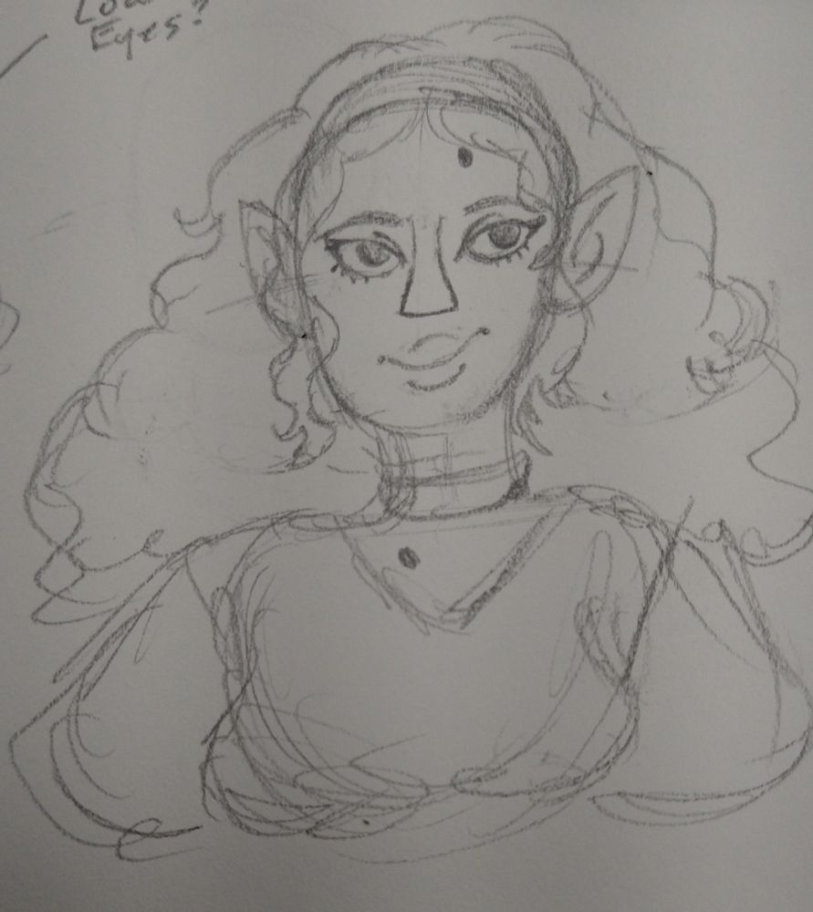 A sketch of Chandra; she has floofy, curly hair and pointed ears.