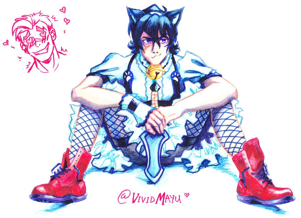 Keith from Voltron: Legendary Defender in a cat themed maid outfit. He is sitting down, legs bent & spread wide. His hands meet at the hilt of his unsheathed dagger, elbows resting on his knees. The dagger is pointing down, the tip resting on the ground in front of him. 
He is wearing bright red doc martins with loose laces, thigh high fishnets, cat ears, & large bell around his neck.
Shiro's reaction is drawn over to one side. He has hearts for eyes & is blushing.
