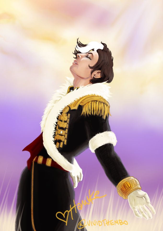 Emet-Selch from Final Fantasy 14, standing with his arms spread out to the sides and his face tilted towards the sky. His eyes are closed and his lips are parted gently. The background is purple with tall, light golden grass and clouds.