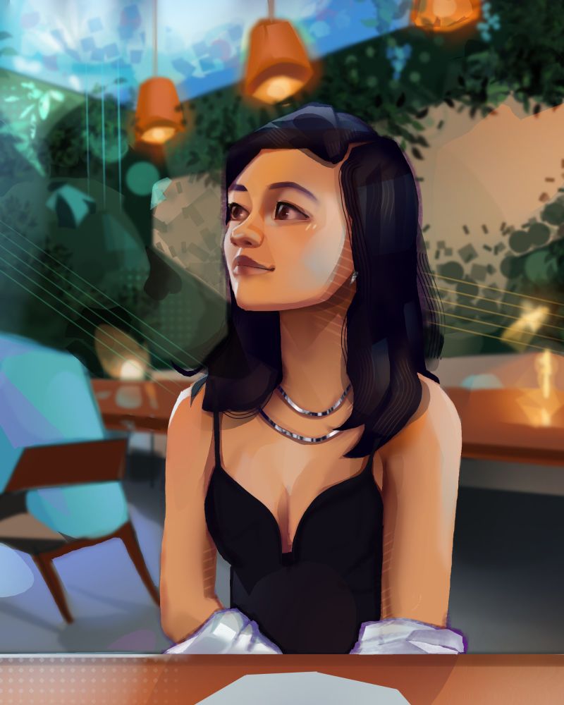 Digital painting of a woman in a black top sitting at a restaurant, gazing to the side with a soft expression. Warm hanging lights illuminate the scene, and a painterly wall with plants in the background adds a cozy atmosphere.

