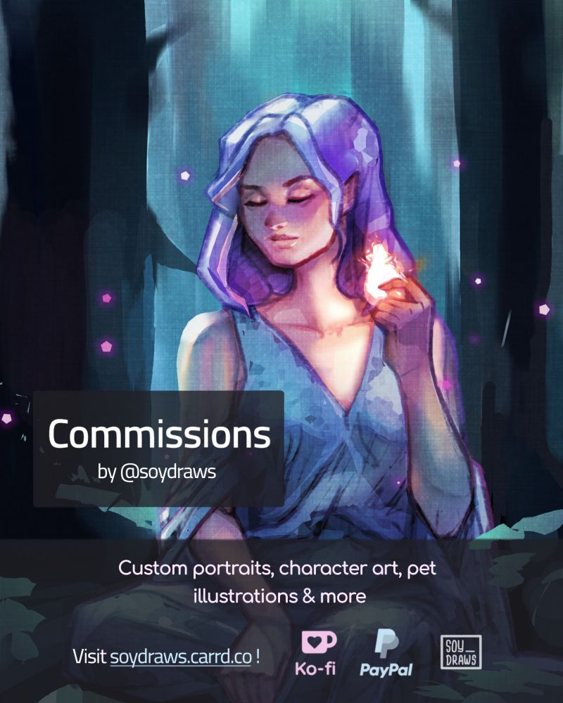 A digital painting of a serene elf-like woman with glowing lavender hair, sitting in a mystical forest. She holds a small flame between her fingers, eyes closed in deep thought. Soft blue-green light filters through towering trees, with floating orbs adding to the dreamy, fantasy atmosphere. The painterly artwork features bold brushstrokes and vibrant colors. Overlay text announces commissions by @soydraws, with links to soyraws.carrd.co, Ko-fi, and PayPal for inquiries.