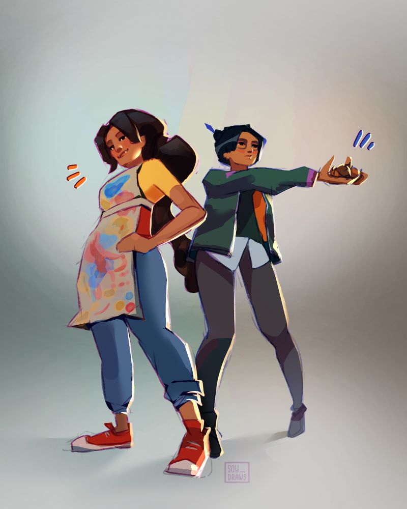 Illustration of two original characters, Sienna and Tera, standing back to back in dynamic poses. Sienna, on the left, wears a paint-splattered apron over a yellow shirt and blue jeans, exuding a relaxed confidence with one hand on her hip. Tera, on the right, wears a dark green jacket, leggings, and a graphics pen on her head, holding out acorns with both hands. The warm lighting and expressive colors add energy to the scene. Art by @soydraws