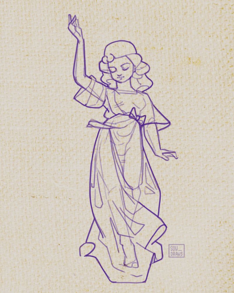 Stylized lineart of a young woman in a thick cloth draped dress standing contrapposto. Her right arm is pointing towards the sky as if signifiying something.