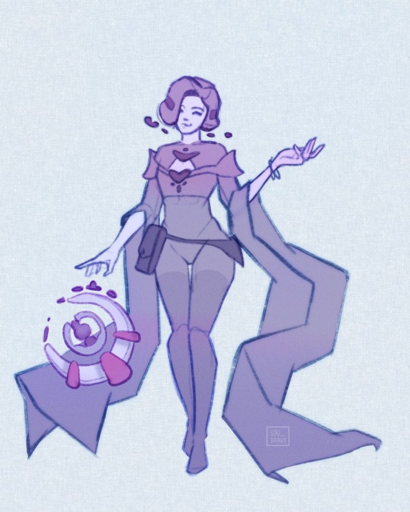 Digital illustration of a futuristic sorceress with a floating, mechanical spell circle. She wears a sleek, form-fitting outfit with flowing, angular fabric, and her elegant pose exudes control and mystique. The piece is rendered in soft purples.

