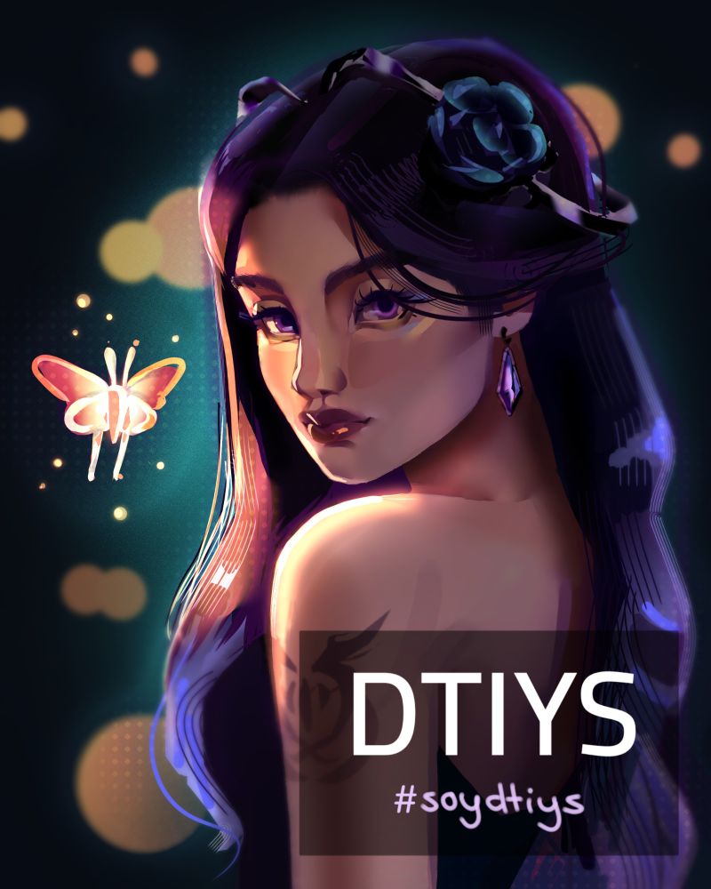 A digital painting of a mysterious young woman with long, dark hair that flows past her shoulders, illuminated by soft, colorful lighting. Her deep violet eyes glow subtly, and she has delicate facial features with a confident yet enigmatic expression. She wears a dark, off-shoulder outfit, revealing a celestial tattoo on her upper arm. A blue rose and silver metallic accessories adorn her hair. A glowing moth with orange and pink hues flutters beside her, casting warm light on her face. The background is dark with a scattered bokeh effect. Overlayed text reads ‘DTIYS’ with the hashtag ‘#soydtiys’ in a soft handwritten font.