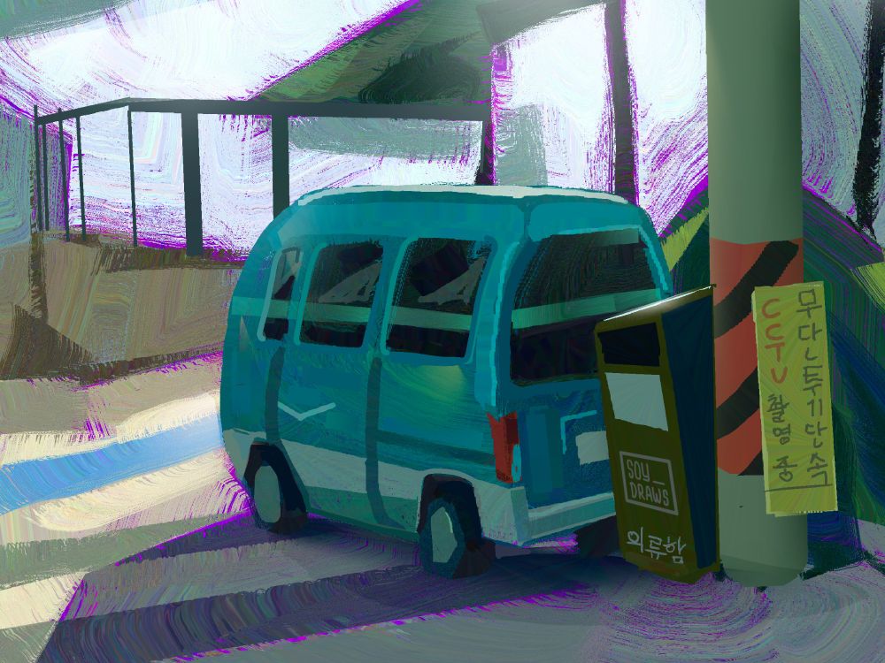 A digital painting of a small, abandoned blue van in a desolate urban setting. A yellow sign with Korean text and "CCTV" written in red hangs from a striped utility pole nearby. A green clothing donation box stands next to the van. The environment is distorted with painterly, swirling brushstrokes in shades of purple, blue, and green, giving the scene a surreal, dreamlike quality. Sunlight casts long shadows on the ground, emphasizing the textures in the painting.

