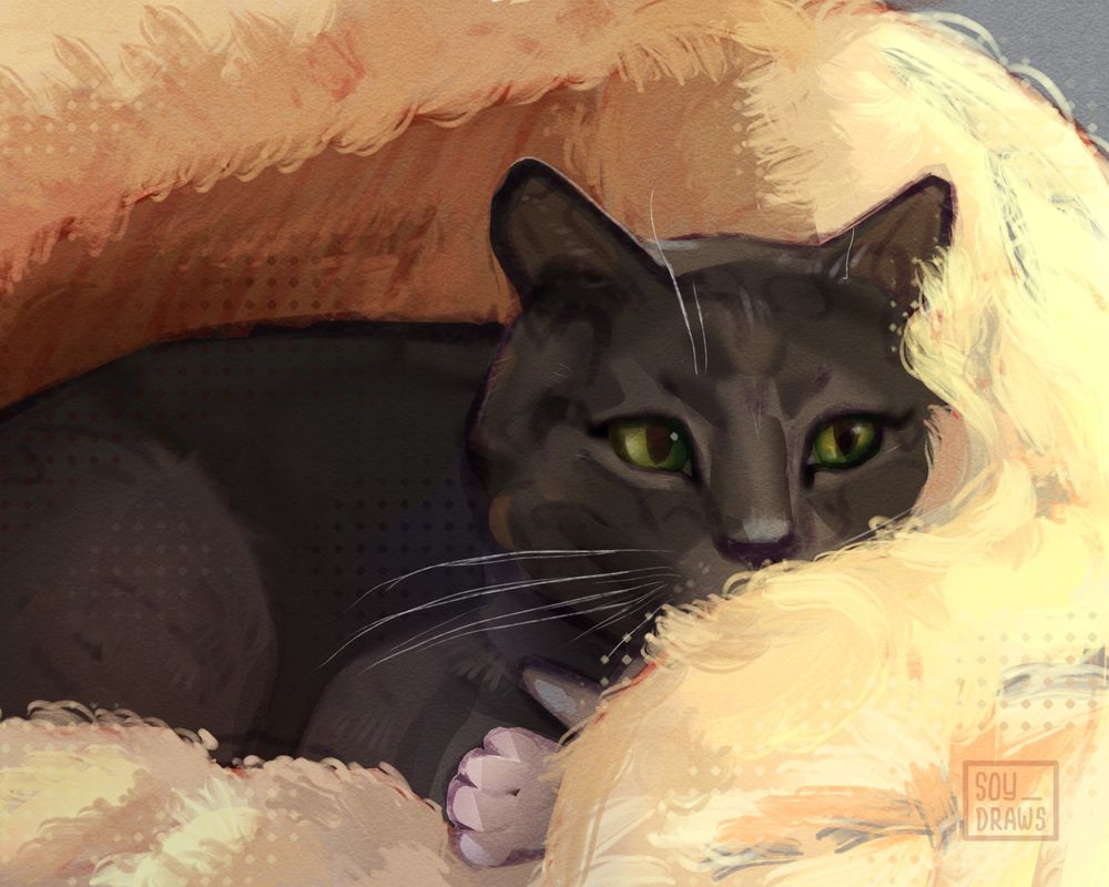A digital painting of a cat on a fur-lined mat gazing to the side. The warm atmosphere and fluffy rendering add to the cozy atmosphere of the artwork. Painted by soydraws.