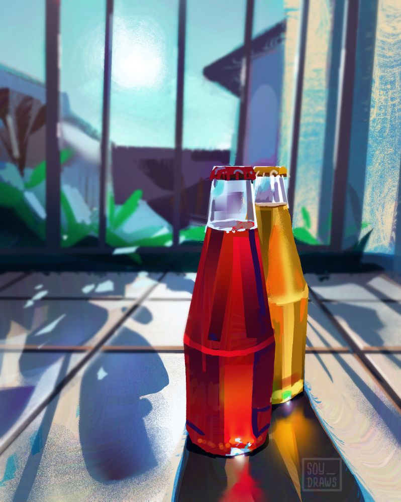 A digital painting depicts two Italian aperitif bottles, one red and one yellow, standing on a sunlit tiled floor near a metal railing. The sunlight casts strong, colorful shadows and reflections of the bottles on the tiles. The background features a blurred outdoor scene with green foliage and a blue sky, partially obscured by the railing. The painting has a semi-stylized approach with bold colors, sharp highlights, and expressive brushstrokes.