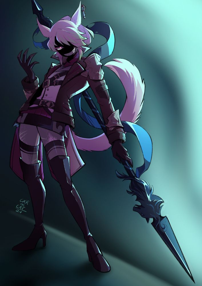 Sekhay'to posing with his spear, with a wicked grin on his face.