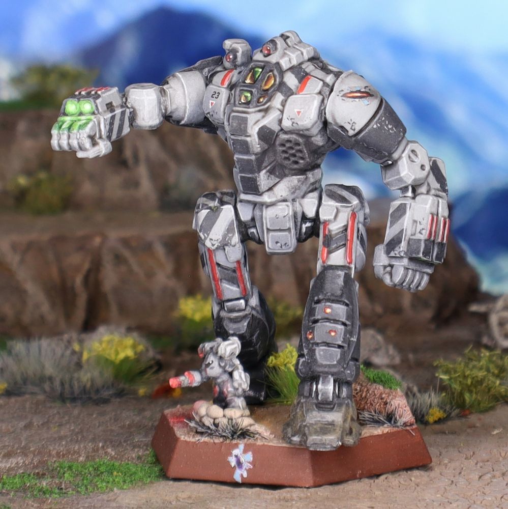 A miniature Exterminator battlemech painted in the colors of the reborn Clan Smoke Jaguar.