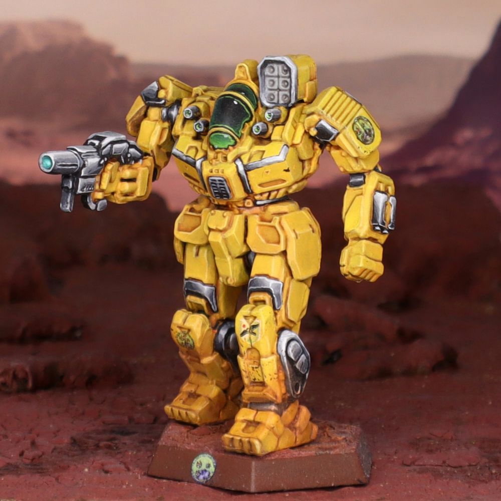 A miniature Battlemaster BattleMech in the colors of the 1st Canopian Cuirassiers 