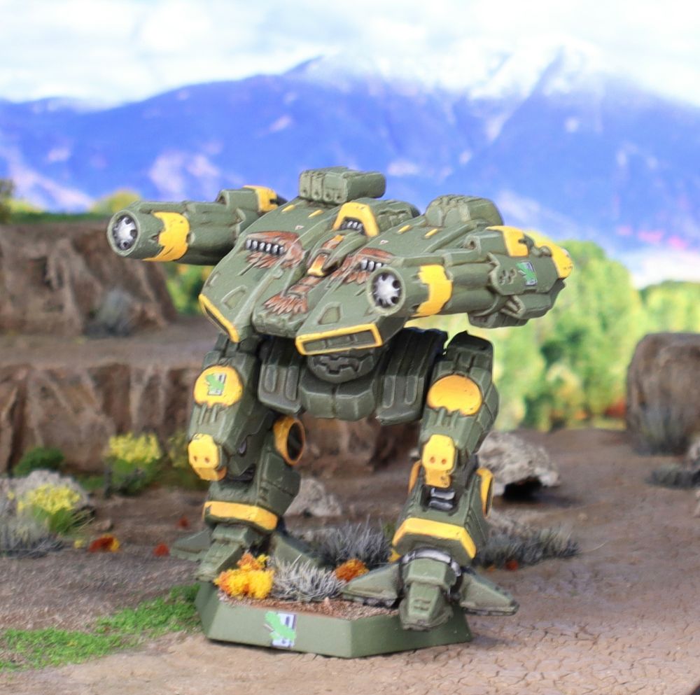 A miniature Kraken/Bane BattleMech painted in the colors of the 1st Falcon Sentinels. 