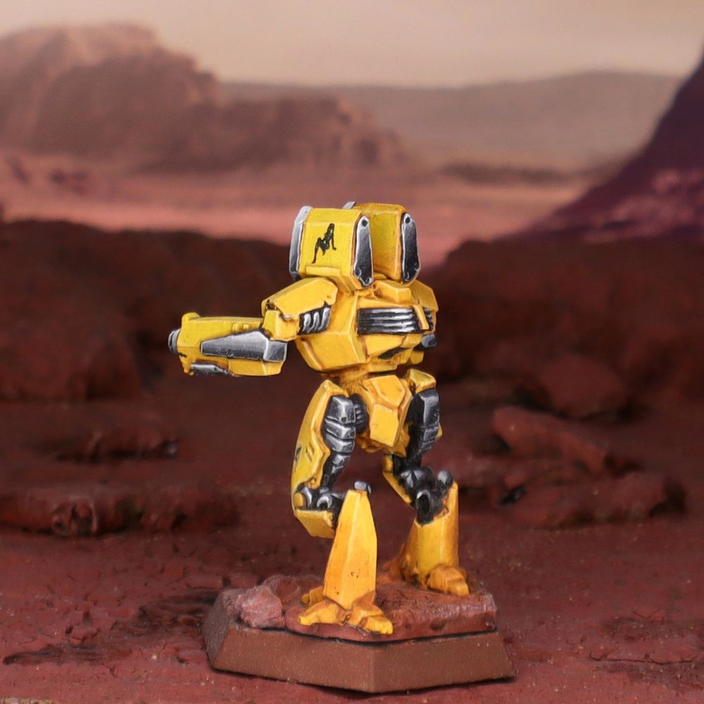 A miniature Anubis BattleMech painted in the colors of the 1st Canopian Cuirassiers. 