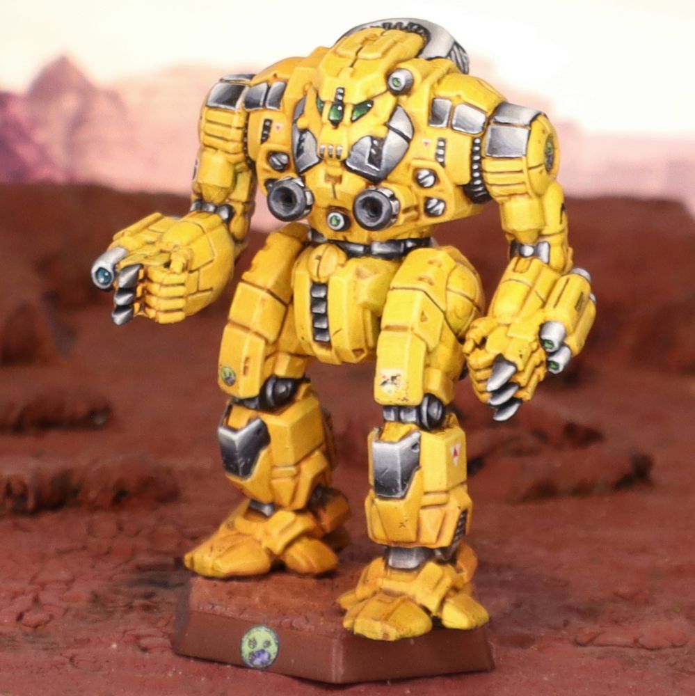 A miniature Pillager BattleMech painted in the colors of the 1st Canopian Cuirassiers 