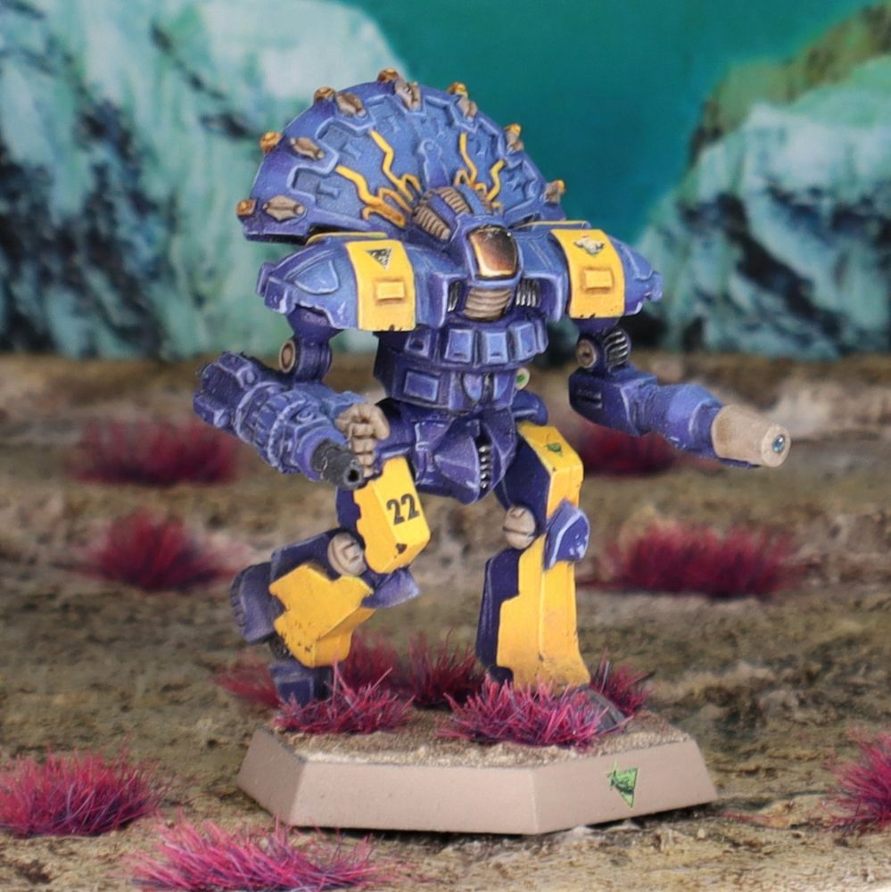 A miniature Huron Warrior BattleMech painted in the colors of the 2nd MAC. 
