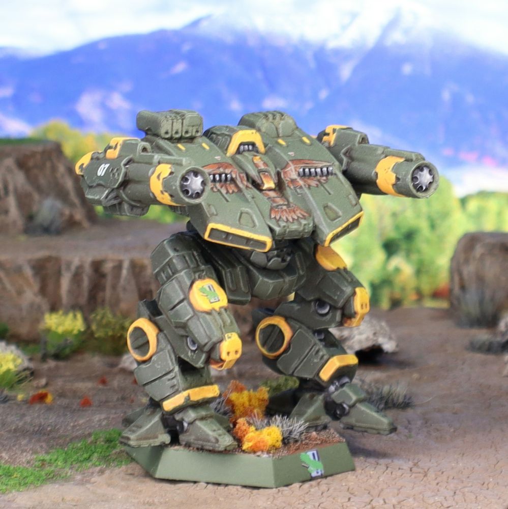 A miniature Kraken/Bane BattleMech painted in the colors of the 1st Falcon Sentinels. 