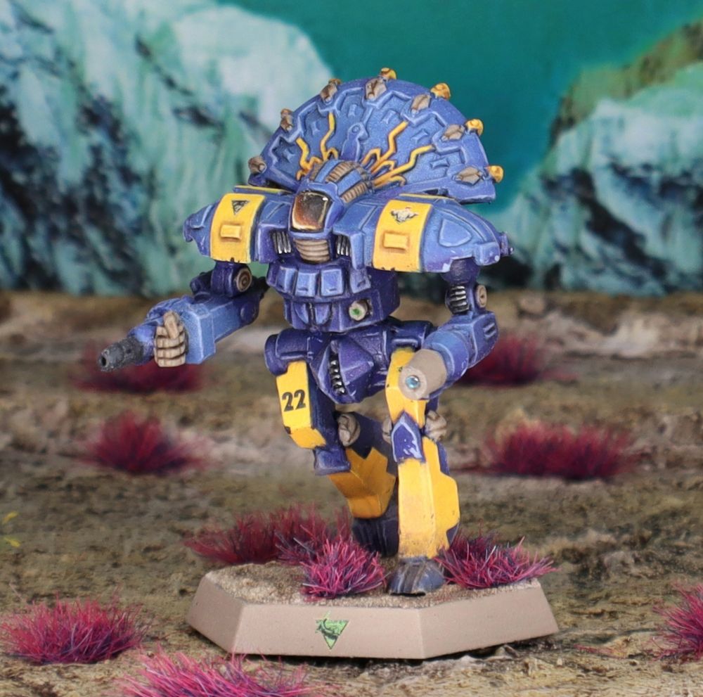 A miniature Huron Warrior BattleMech painted in the colors of the 2nd MAC. 