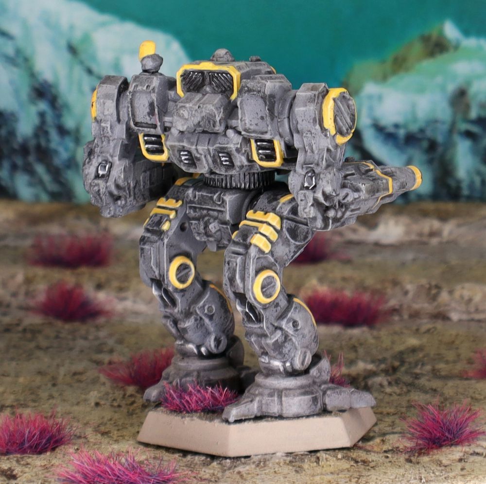 A miniature Iron Cheetah OmniMech painted in the colors of Clan Smoke Jaguar's Delta Galaxy