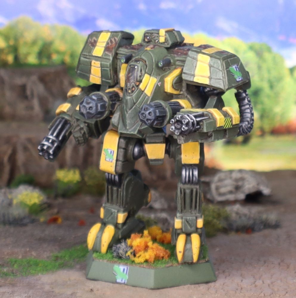 A miniature Jupiter BattleMech in the colors of Clan Jade Falcon's 1st Falcon Sentinels 