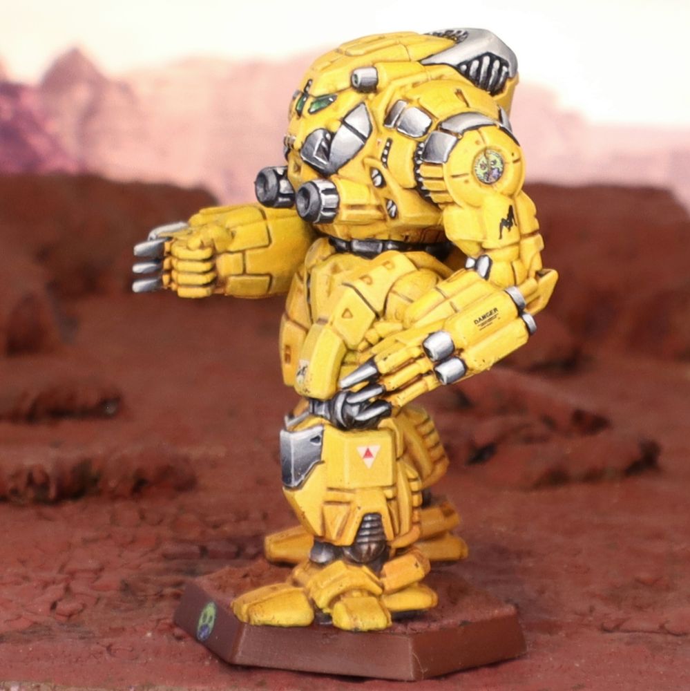 A miniature Pillager BattleMech painted in the colors of the 1st Canopian Cuirassiers 