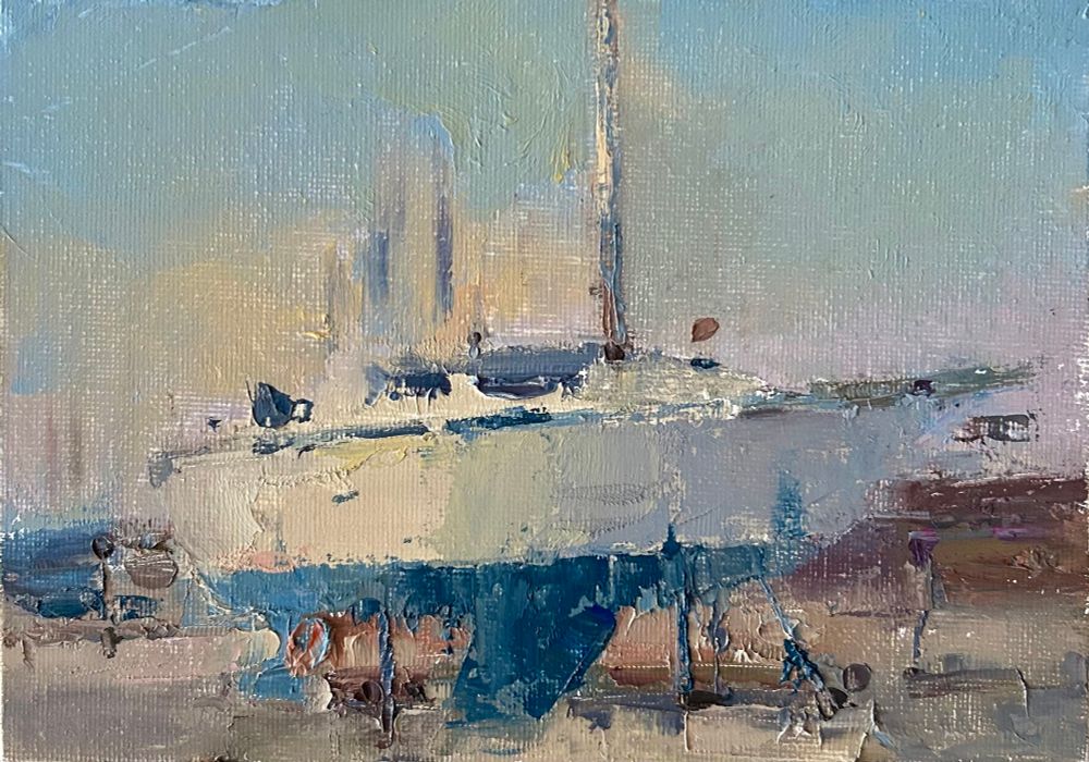 Small 5x7 inch oil painting of a sailboat resting on land, painted quickly with a palette knife in loose, gestural strokes and spontaneous, vibrant colors.