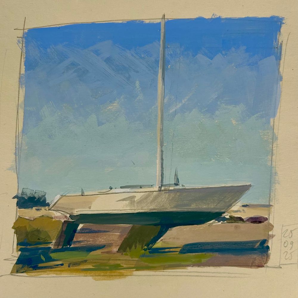 Gouache painting of a sailboat resting on land, shown in silhouette against a softly painted blue sky.