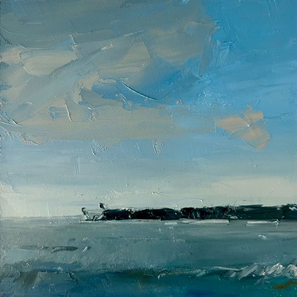 Palette knife oil painting of a cloudscape on a windy day. The sky is filled with thick, textured clouds, reflecting movement and energy. Below, a rough lake stretches toward a distant tree line on the horizon, painted in muted tones. The scene captures the drama of nature with bold, tactile strokes.