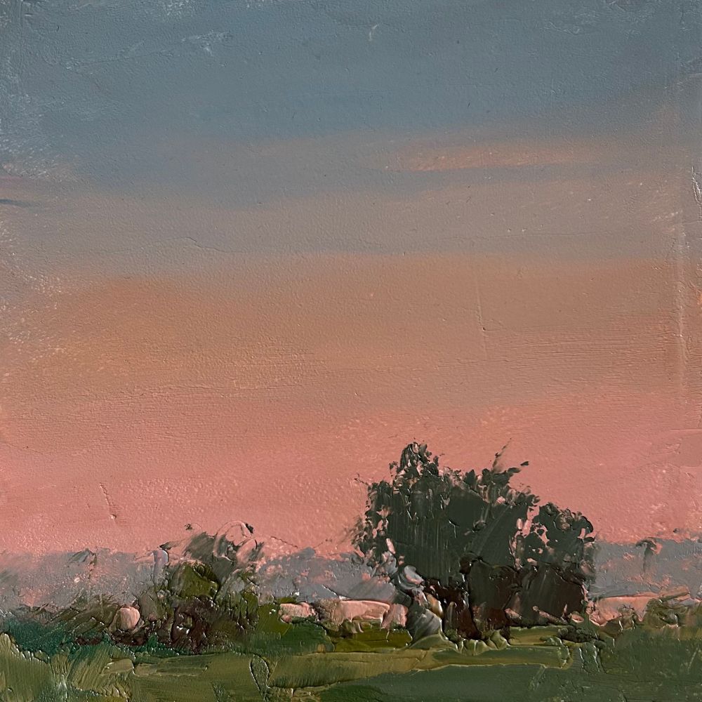 Palette knife painting of a tranquil evening scene with a pink, glowing sky just after dusk, the light fading softly across the landscape.
