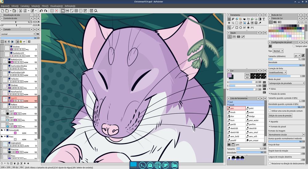 Screencap of a drawing software, showing a flatcolors WIP of a relaxed and satisfied pet rat, fur lilac and white. Green background showing some plants.