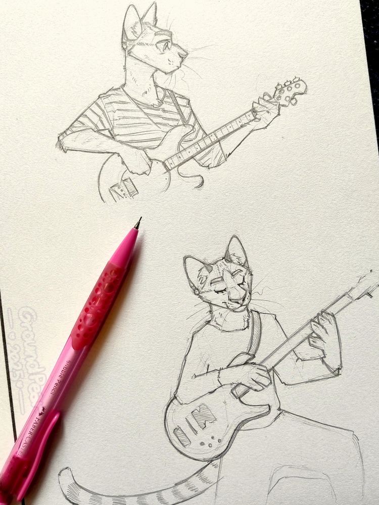 A page with two pencil sketches featuring the late Brazilian bassist Samuel Reoli as a lean shorthaired anthropomorphic cat. He is playing an electric bass in both, bearing a concentrated expression. A pink mechanical pencil is also visible in the photo.