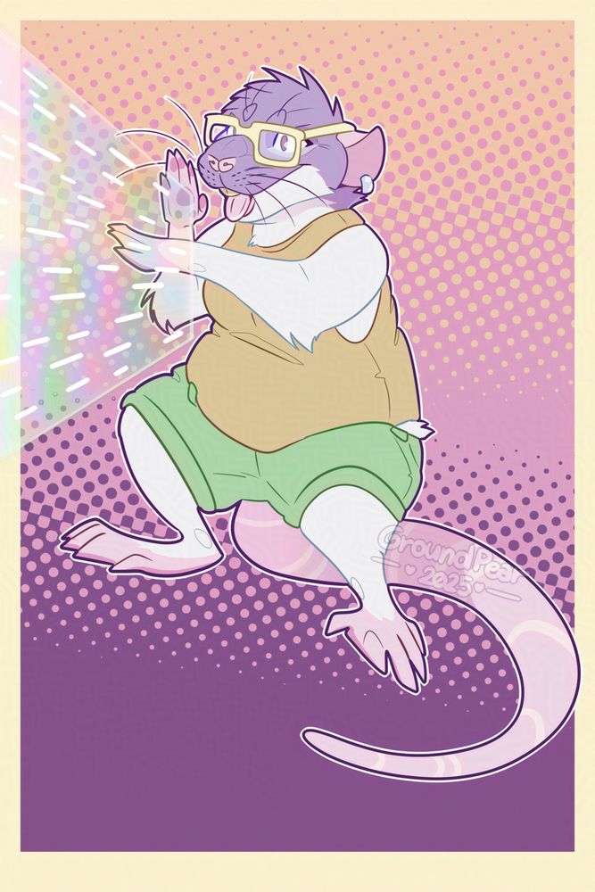 A version of the previous image, but with a partial iridescent effect. Minimally shaded cartoonish drawing of an anthropomorphic dumbo pet rat. Her fur is lilac and white, and she wears eyeglasses, an orange shirt and green shorts. She looks mischievous, doing the iconic Ultraman's pose with crossed arms to emit the Spacium Beam -  and in fact emitting shiny rays. Background with halftones effects in purple, pink and orange, and a cream colored frame.