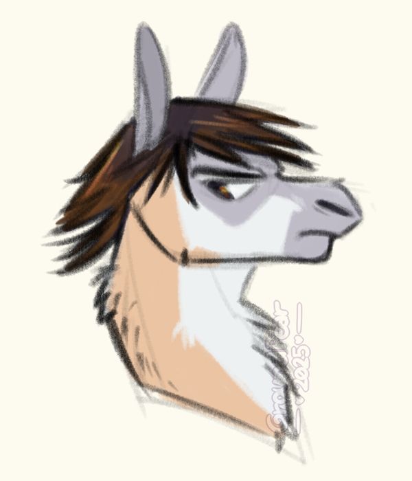 Loose colored portrait sketch of a grumpy guanaco with a very stylish 2000s hair, it is supposed to be a furry version of George Ikaruga from "Ultraman Mebius".