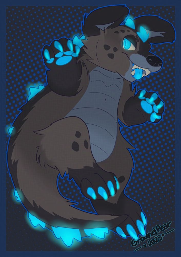 Shaded digital drawing of a kaiju-puppy, with dark grey and brown fur, and bright cyan spikes, eyes, claws, pawpads and tongue. He is leaping, smiling, up to mischief. Very dark grey background with royal blue halftones gradient pattern.