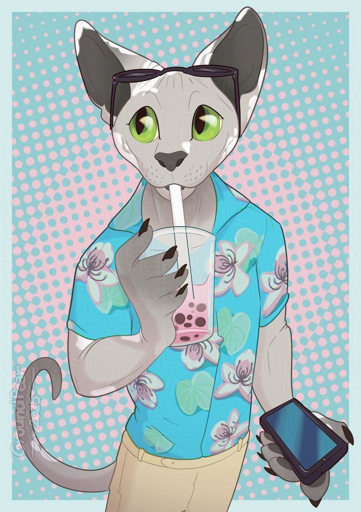 Shaded drawing of an anthropomorphic sphynx cat drinking a strawberry boba tea and holding a mobile phone, wearing a flower patterned shirt and light beige pants, looking away. Background in pink and teal halftones.