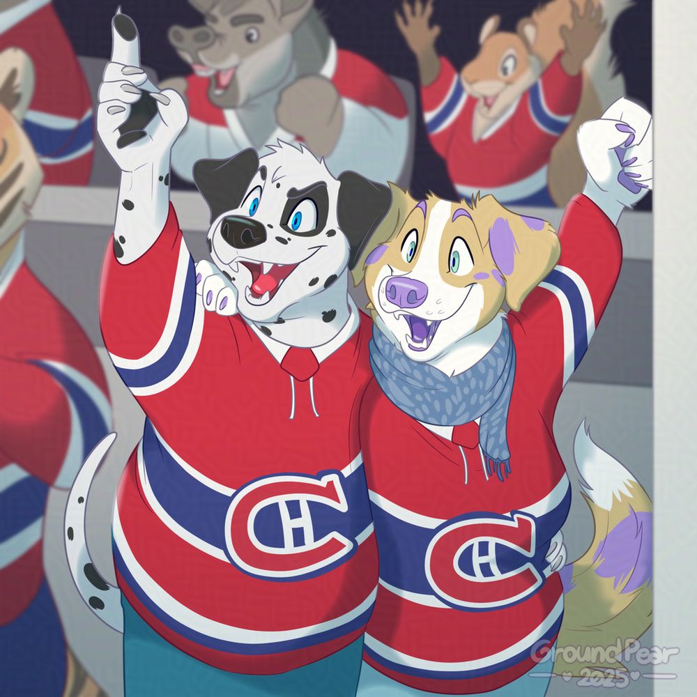 Shaded drawing of two very enthusiastic anthropomorphic dogs, a Dalmatian and a Border Collie, rooting for the hockey team Montréal Canadiens. They are in a stadium with other anthropomorphic animals around, including a tiger, a tapir and a squirrel.