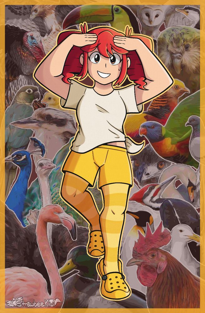 Art of Kasane Teto as she appears in "Birdbrain." Behind her is a collection of photos of birds, credit to whoever took each of them. 