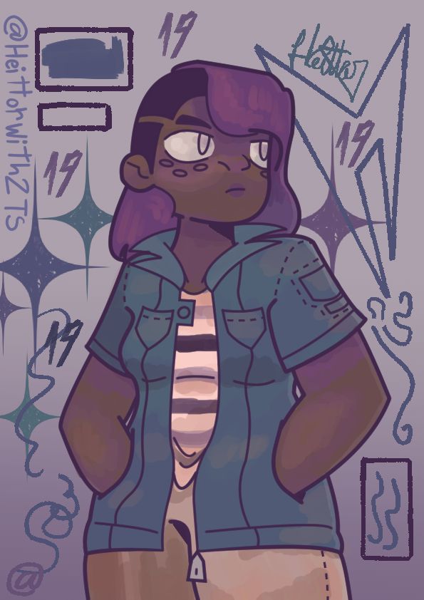 A black girl with freckles and purple hair wearing a jeans jacket, black and purple striped shirt, and beige pants. staring at the great nothing. In the background there's just a bunch of random shapes and 4 numbers 19.
