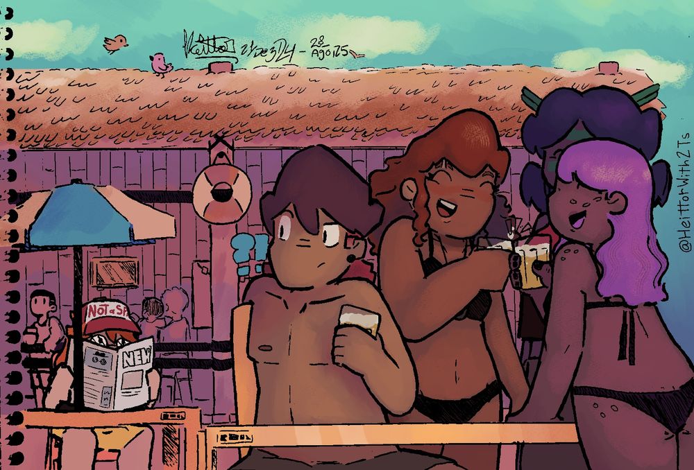 A group of 4 people are celebrating at a beach bar. When 3 of those are cheering, one of them notices someone spying on them.