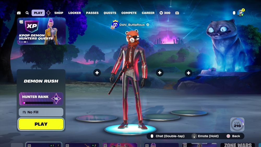 Open screen of Fortnite main menu with the user Oshi_ButtaRoux standing alone in it.