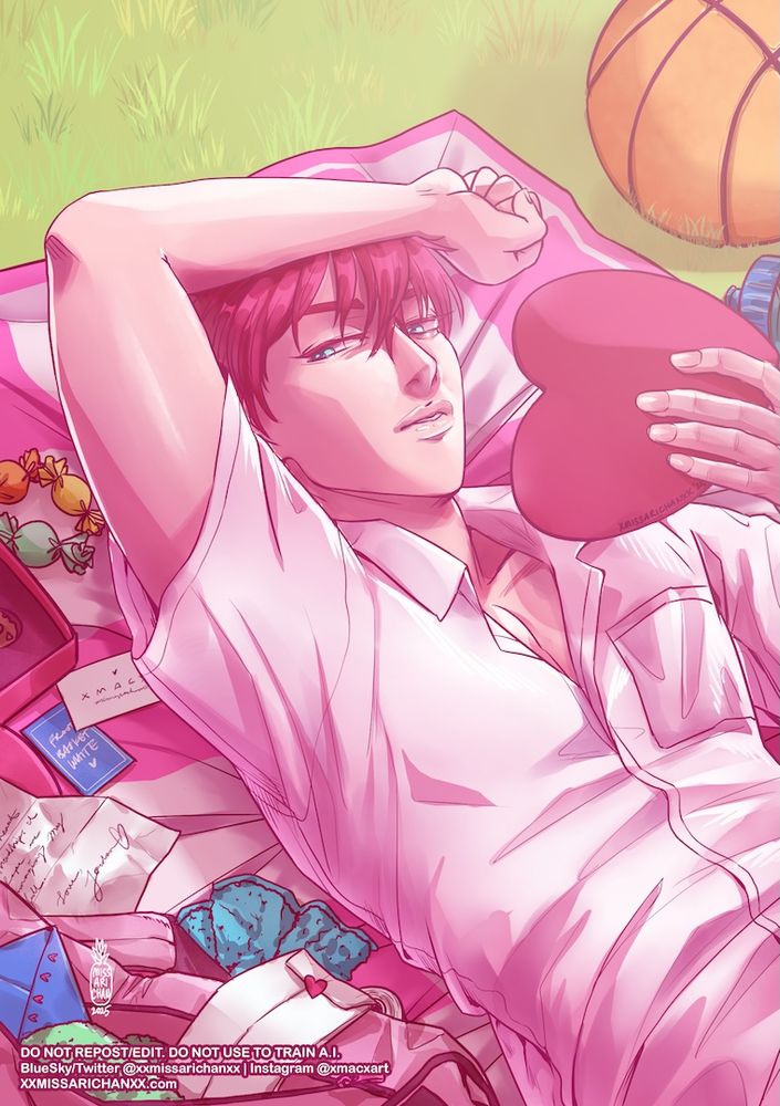An illustration of Sutoro from Froot Basket Valentine lying on a checkered blanket in the grass. There's some cards, envelopes, candies, and chocolates beside him. He's holding a heart-shaped card in his hand.