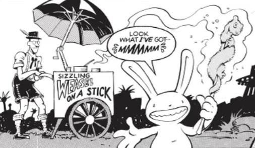 Max is eating his favorite meal. A sizzling weasel on a stick