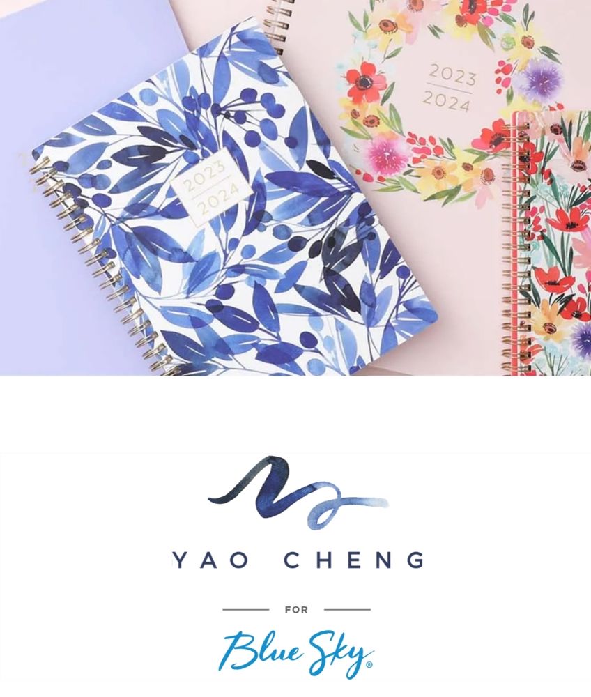 An advertisement for the Blue Sky daily planners made in conjunction with Yao Cheng design. The shown 2023-2024 planner has blue floral print on a white background.