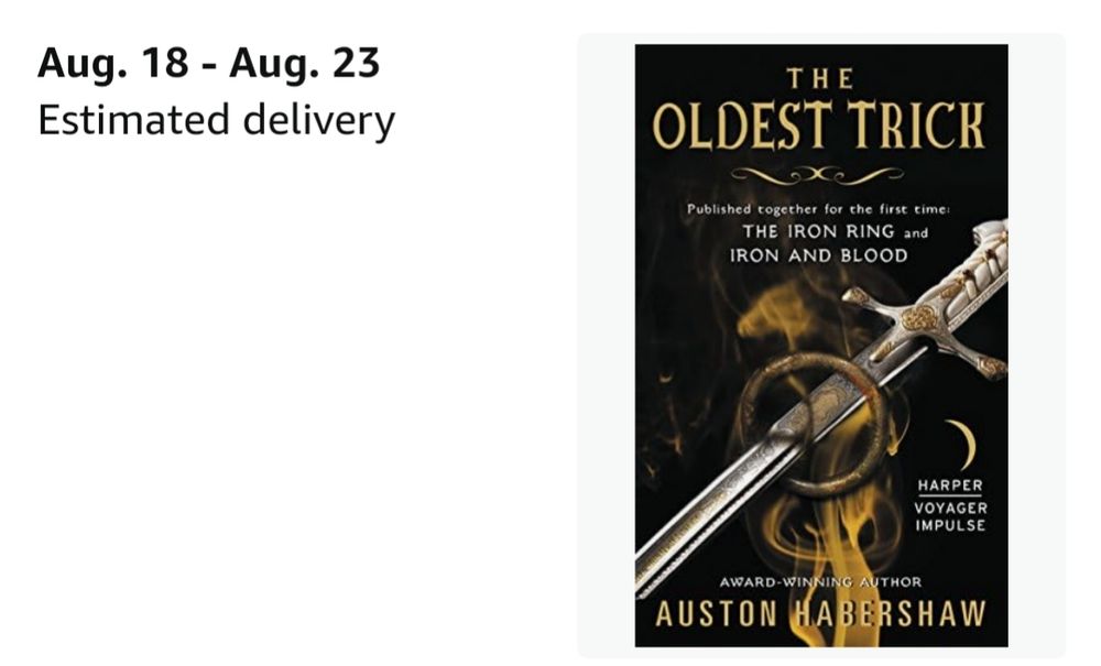 Screenshot of Austin Haber Shaw's speculative fiction novel "The Oldest Trick"

The cover shows a swordblade through an iron ring.