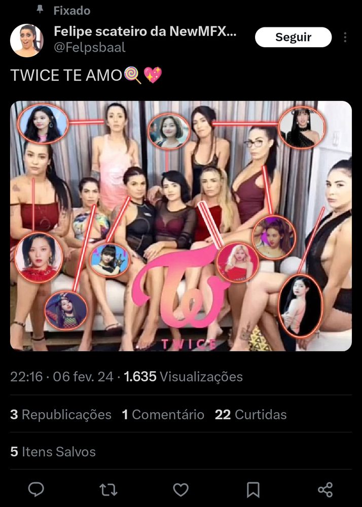 Print da conta, Felipe scateiro da NewMFX no poste falando "twice te amo" com a foto do elenco do NewMFX e com setas apontando e mencionando as membros do twice fazendo menção que elas são as mesmas pessoas